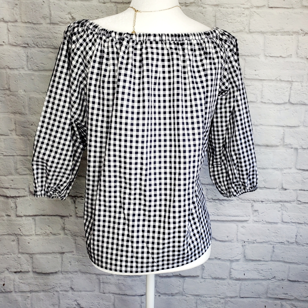 Black White Checkered Peasant Top 3/4 Sleeves | Gingham | Medium - Picture 3 of 13